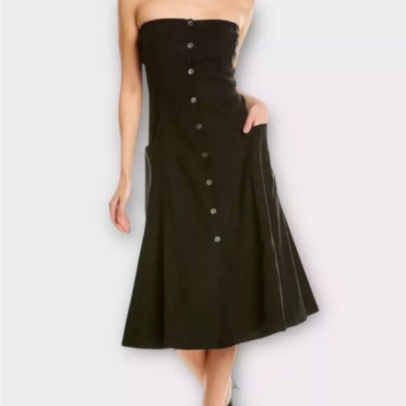 Theory Kayleigh Soft Crunch Linen-Blend Midi Dress Strapless Navy Size 6 - Picture 8 of 12